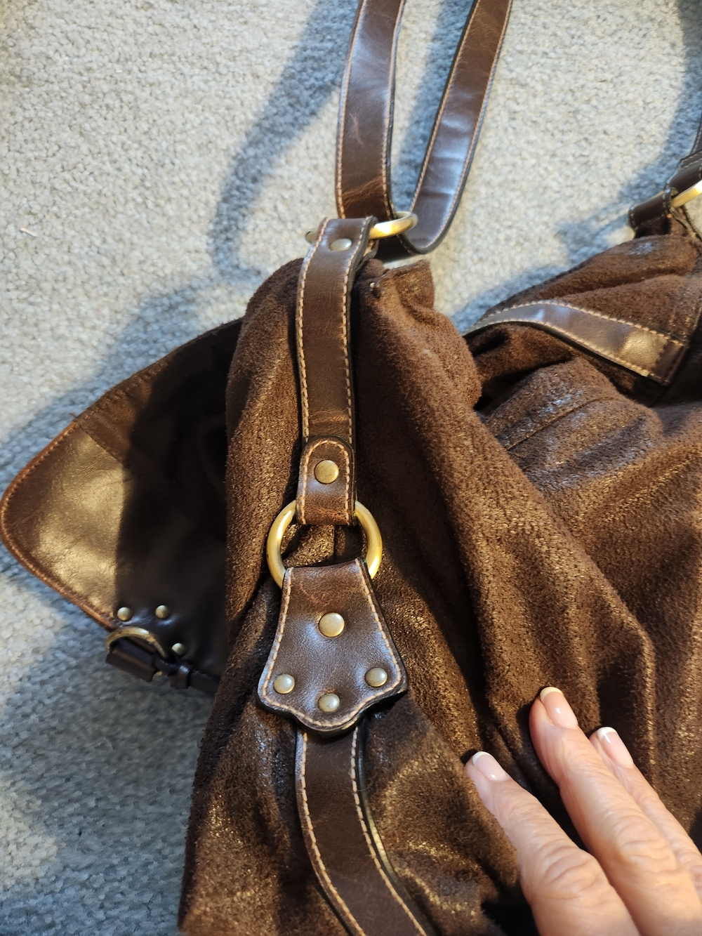 Bass Brown Suede Shoulder Bag with Leather Straps - Picture 4 of 8